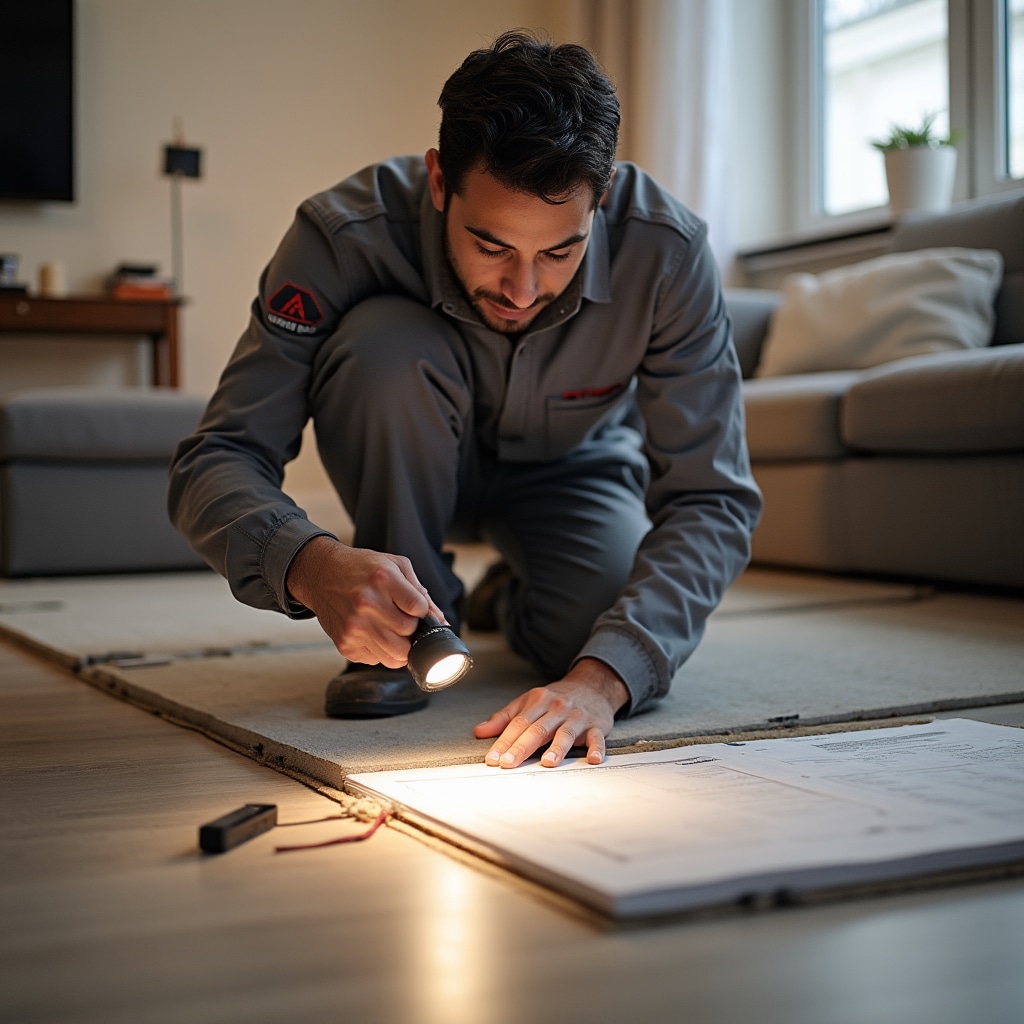 Acoustic technician conducting routine maintenance inspection of sound insulation systems